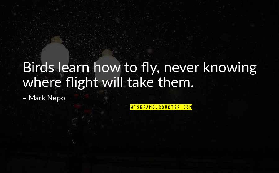 Bird Quotes By Mark Nepo: Birds learn how to fly, never knowing where