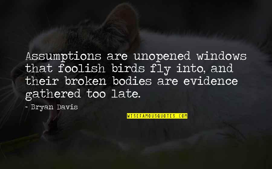 Birds And Quotes By Bryan Davis: Assumptions are unopened windows that foolish birds fly