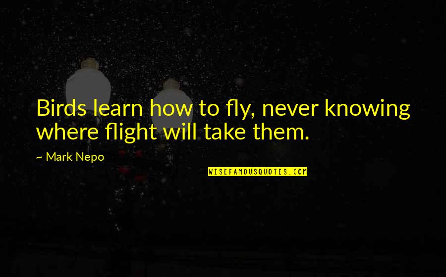 Birds In Flight Quotes By Mark Nepo: Birds learn how to fly, never knowing where