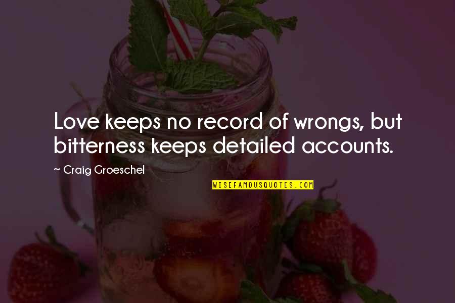 Bitterness And Love Quotes By Craig Groeschel: Love keeps no record of wrongs, but bitterness