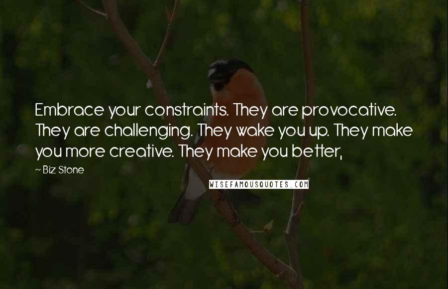 Biz Stone quotes: Embrace your constraints. They are provocative. They are challenging. They wake you up. They make you more creative. They make you better,