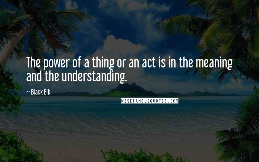 Black Elk quotes: The power of a thing or an act is in the meaning and the understanding.