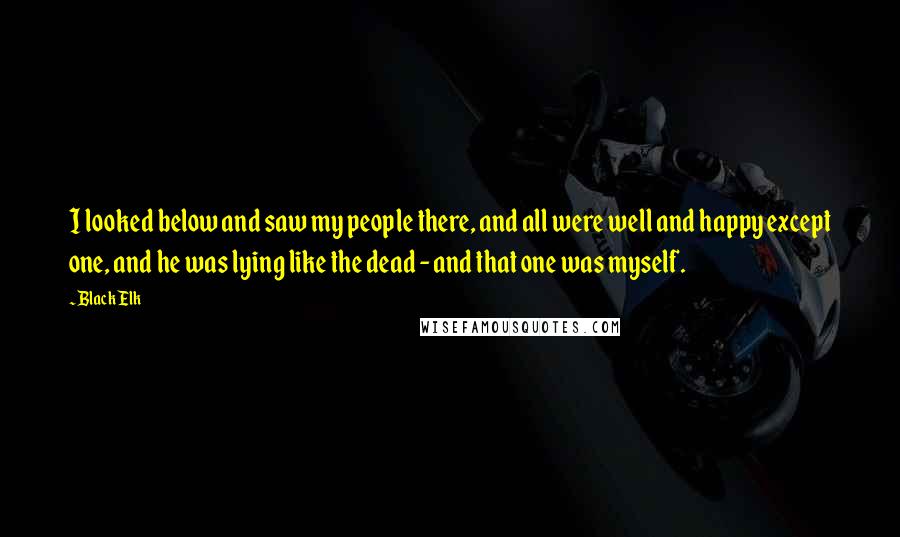 Black Elk quotes: I looked below and saw my people there, and all were well and happy except one, and he was lying like the dead - and that one was myself.