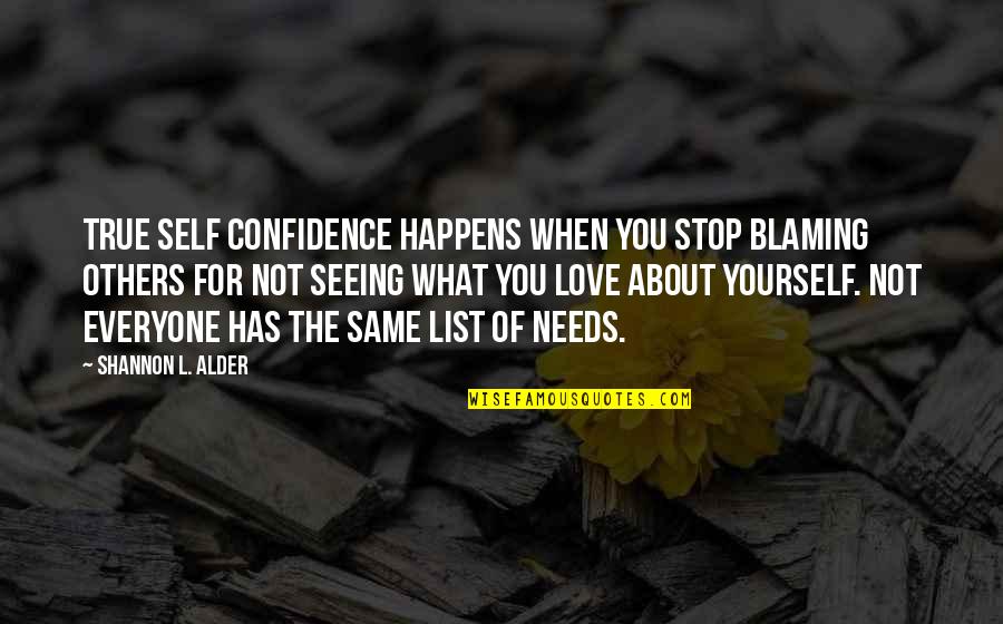 Blaming Love Quotes By Shannon L. Alder: True self confidence happens when you stop blaming
