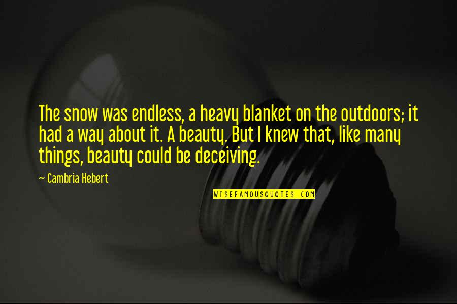 Blanket Of Snow Quotes By Cambria Hebert: The snow was endless, a heavy blanket on