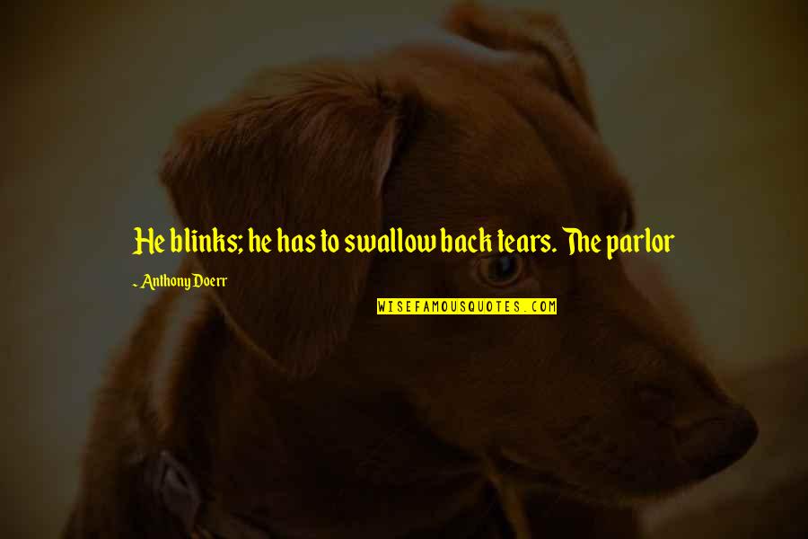 Blinks Quotes By Anthony Doerr: He blinks; he has to swallow back tears.