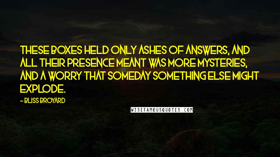 Bliss Broyard quotes: These boxes held only ashes of answers, and all their presence meant was more mysteries, and a worry that someday something else might explode. Bliss Broyard quotes: These boxes held only ashes of answers, and all their presence meant was more mysteries, and a worry that someday something else might explode.
