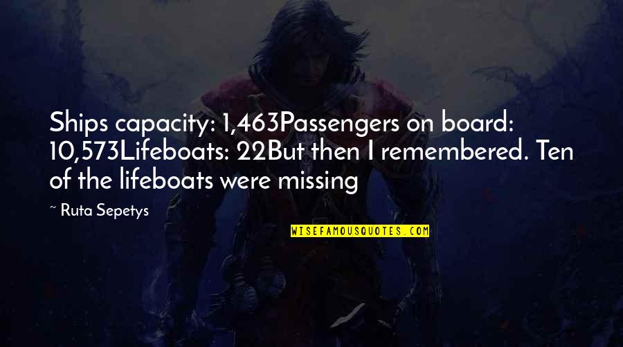 Board Of Quotes By Ruta Sepetys: Ships capacity: 1,463Passengers on board: 10,573Lifeboats: 22But then