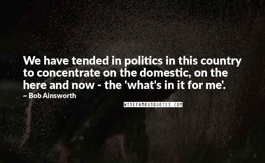 Bob Ainsworth quotes: We have tended in politics in this country to concentrate on the domestic, on the here and now - the 'what's in it for me'.