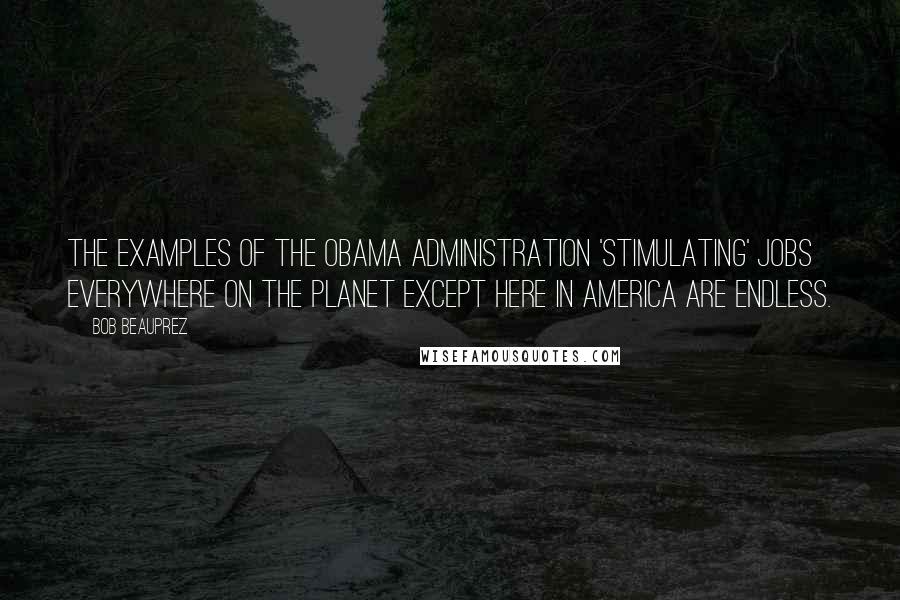 Bob Beauprez quotes: The examples of the Obama Administration 'stimulating' jobs everywhere on the planet except here in America are endless.