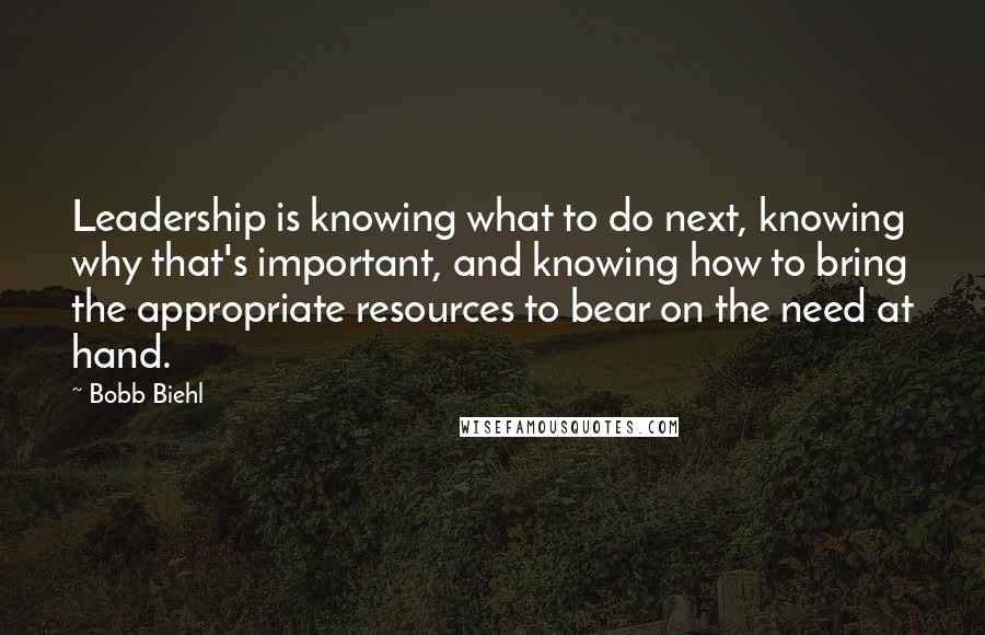 Bobb Biehl quotes: Leadership is knowing what to do next, knowing why that's important, and knowing how to bring the appropriate resources to bear on the need at hand.