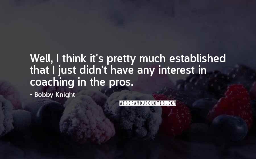 Bobby Knight quotes: Well, I think it's pretty much established that I just didn't have any interest in coaching in the pros.