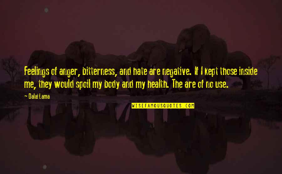 Body Health Quotes By Dalai Lama: Feelings of anger, bitterness, and hate are negative.