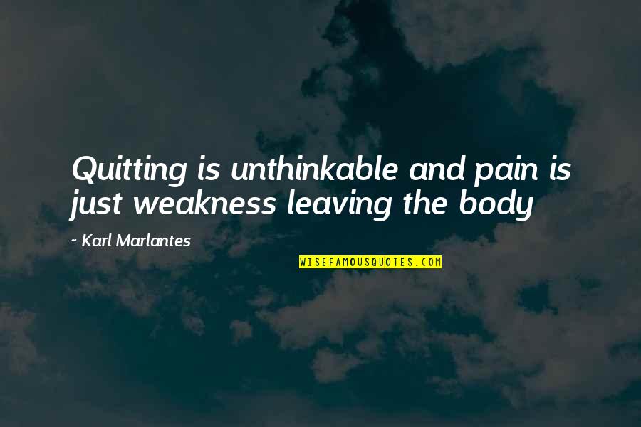Body In Pain Quotes By Karl Marlantes: Quitting is unthinkable and pain is just weakness