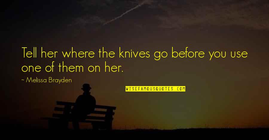 Boeckh Investment Quotes By Melissa Brayden: Tell her where the knives go before you Boeckh Investment Quotes By Melissa Brayden: Tell her where the knives go before you