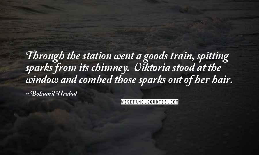Bohumil Hrabal quotes: Through the station went a goods train, spitting sparks from its chimney. Viktoria stood at the window and combed those sparks out of her hair.