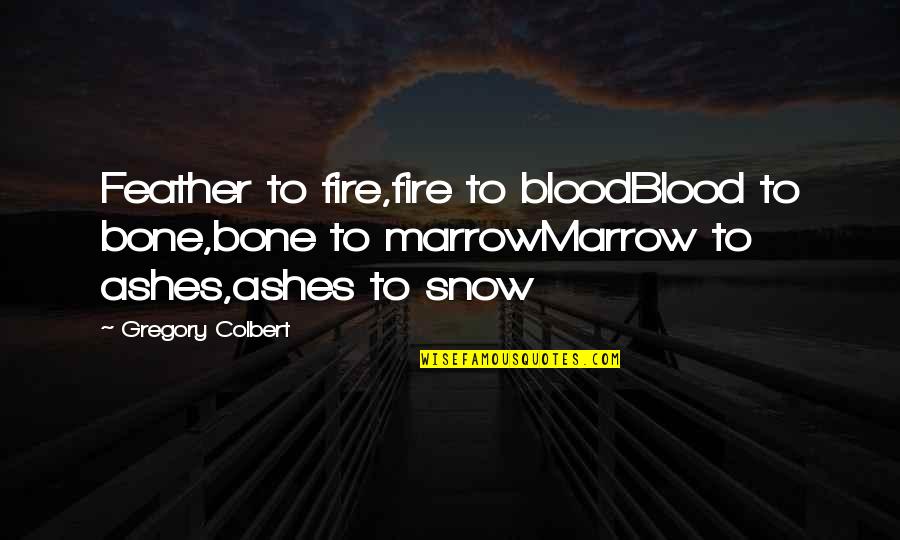 Bone Marrow Quotes By Gregory Colbert: Feather to fire,fire to bloodBlood to bone,bone to Bone Marrow Quotes By Gregory Colbert: Feather to fire,fire to bloodBlood to bone,bone to