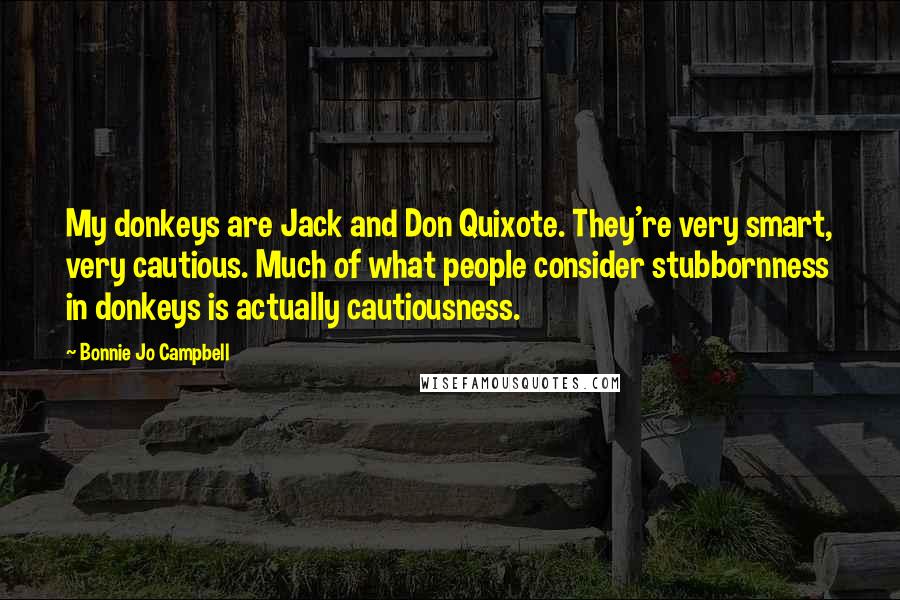 Bonnie Jo Campbell quotes: My donkeys are Jack and Don Quixote. They're very smart, very cautious. Much of what people consider stubbornness in donkeys is actually cautiousness.