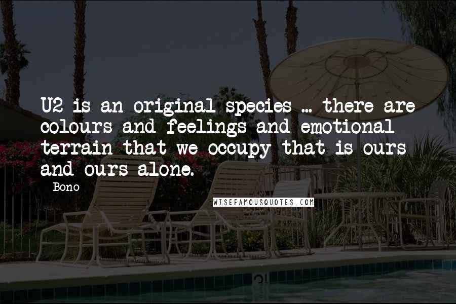 Bono quotes: U2 is an original species ... there are colours and feelings and emotional terrain that we occupy that is ours and ours alone. Bono quotes: U2 is an original species ... there are colours and feelings and emotional terrain that we occupy that is ours and ours alone.
