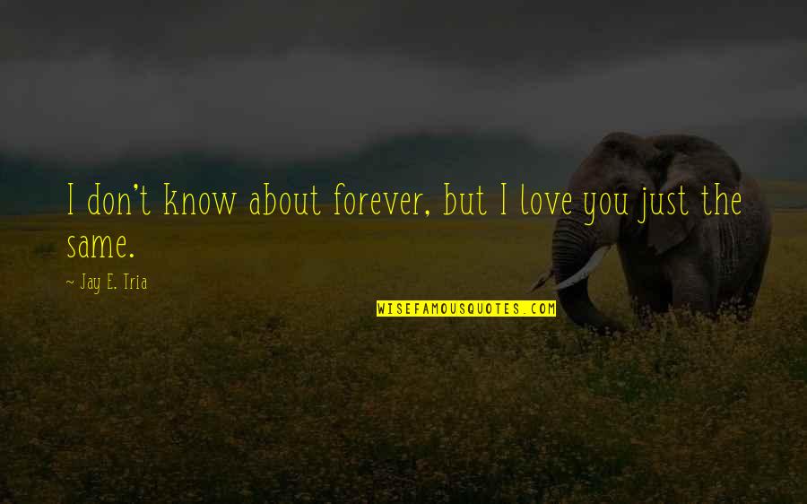 Book On Love Quotes By Jay E. Tria: I don't know about forever, but I love