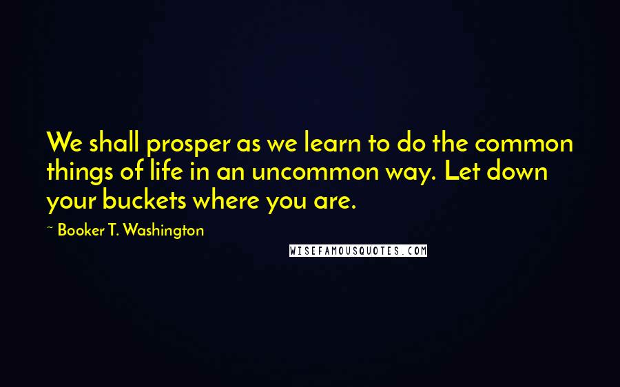 Booker T. Washington quotes: We shall prosper as we learn to do the common things of life in an uncommon way. Let down your buckets where you are.