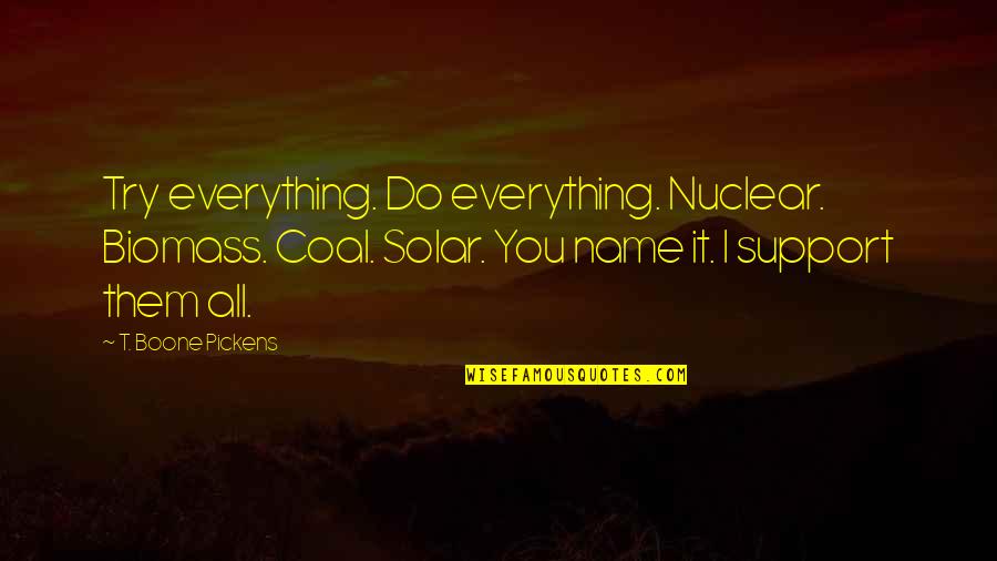Boone Pickens Quotes By T. Boone Pickens: Try everything. Do everything. Nuclear. Biomass. Coal. Solar.