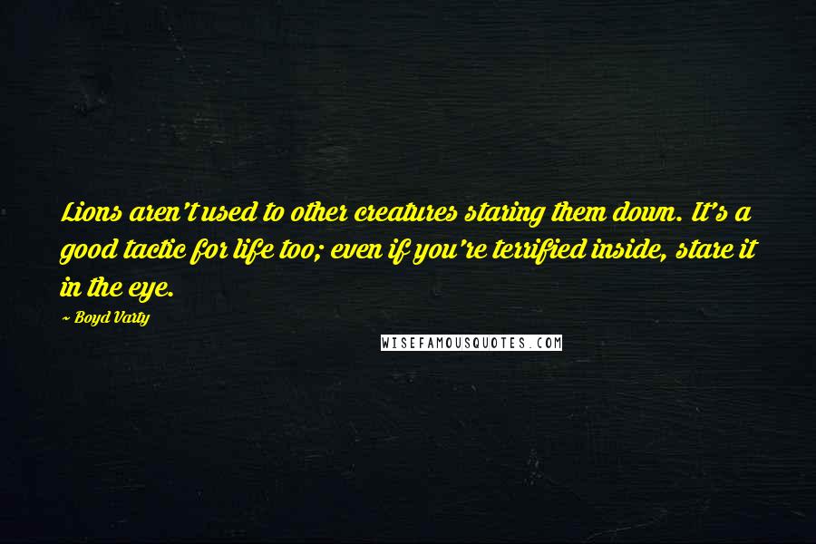 Boyd Varty quotes: Lions aren't used to other creatures staring them down. It's a good tactic for life too; even if you're terrified inside, stare it in the eye. Boyd Varty quotes: Lions aren't used to other creatures staring them down. It's a good tactic for life too; even if you're terrified inside, stare it in the eye.