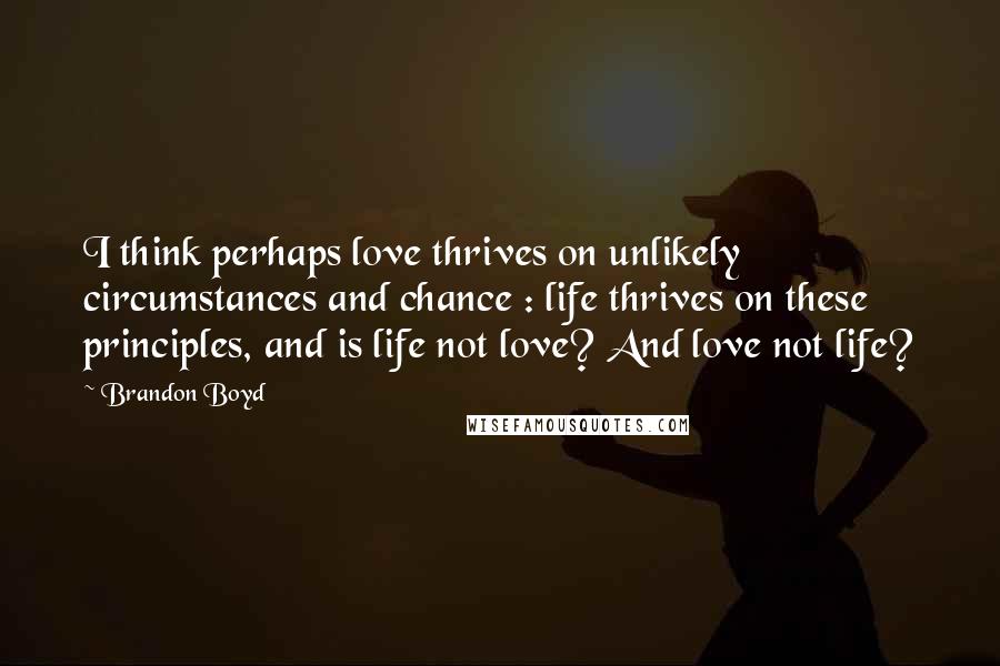 Brandon Boyd quotes: I think perhaps love thrives on unlikely circumstances and chance : life thrives on these principles, and is life not love? And love not life?