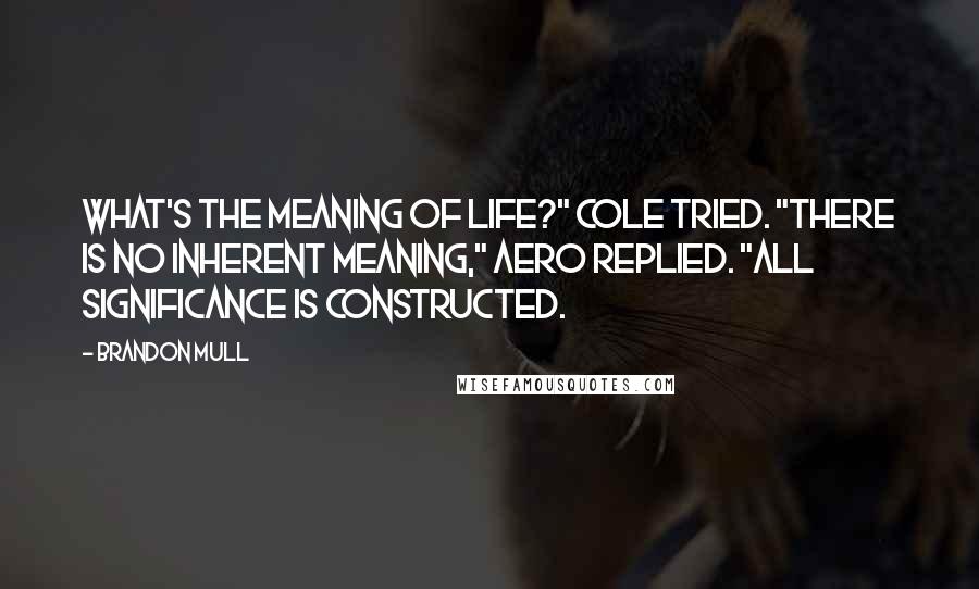 Brandon Mull quotes: What's the meaning of life?" Cole tried. "There is no inherent meaning," Aero replied. "All significance is constructed.