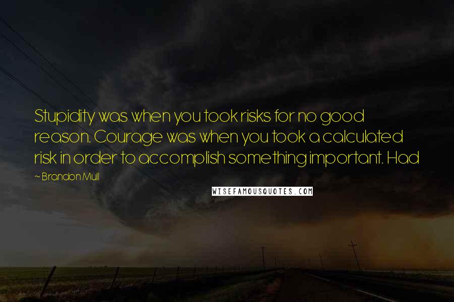 Brandon Mull quotes: Stupidity was when you took risks for no good reason. Courage was when you took a calculated risk in order to accomplish something important. Had