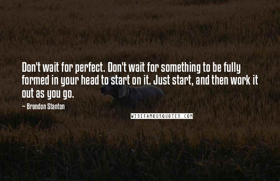 Brandon Stanton quotes: Don't wait for perfect. Don't wait for something to be fully formed in your head to start on it. Just start, and then work it out as you go.