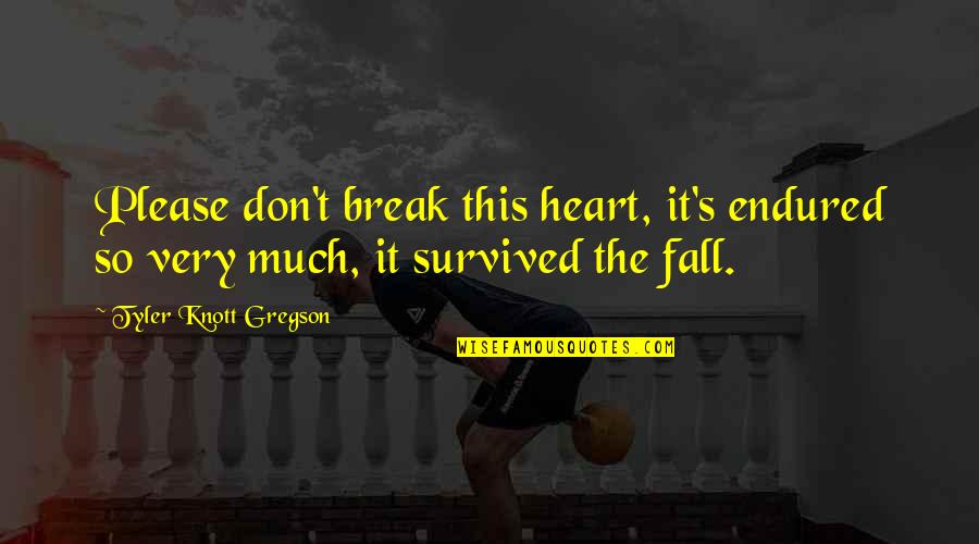 Break Love Quotes By Tyler Knott Gregson: Please don't break this heart, it's endured so