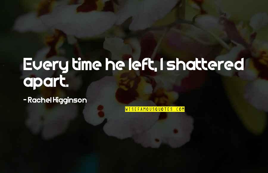Breaking Up Love Quotes By Rachel Higginson: Every time he left, I shattered apart. Breaking Up Love Quotes By Rachel Higginson: Every time he left, I shattered apart.