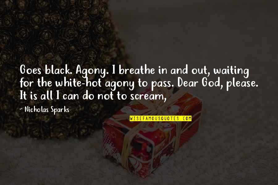 Breathe In Breathe Out Quotes By Nicholas Sparks: Goes black. Agony. I breathe in and out,