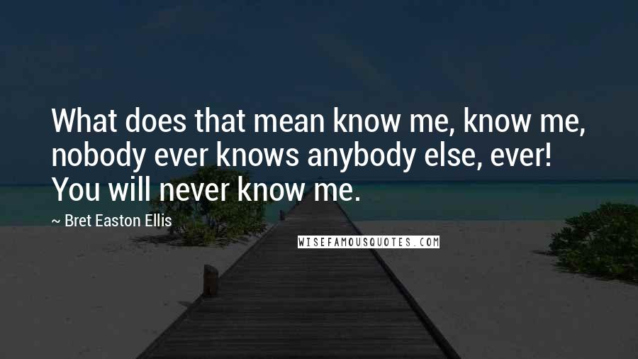 Bret Easton Ellis quotes: What does that mean know me, know me, nobody ever knows anybody else, ever! You will never know me.