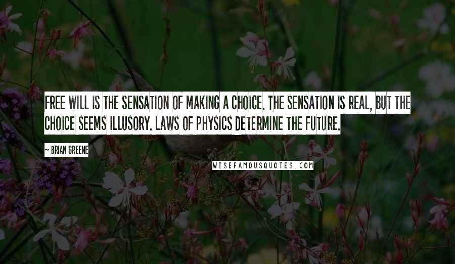 Brian Greene quotes: Free will is the sensation of making a choice. The sensation is real, but the choice seems illusory. Laws of physics determine the future.