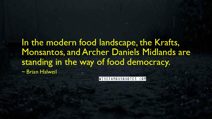 Brian Halweil quotes: In the modern food landscape, the Krafts, Monsantos, and Archer Daniels Midlands are standing in the way of food democracy.