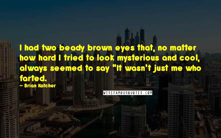 Brian Katcher quotes: I had two beady brown eyes that, no matter how hard I tried to look mysterious and cool, always seemed to say "It wasn't just me who farted.