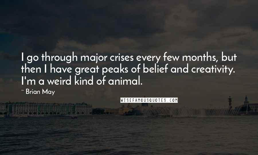 Brian May quotes: I go through major crises every few months, but then I have great peaks of belief and creativity. I'm a weird kind of animal.