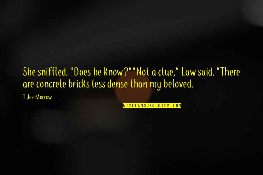 Bricks And Love Quotes By Jez Morrow: She sniffled. "Does he know?""Not a clue," Law