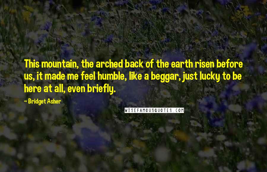 Bridget Asher quotes: This mountain, the arched back of the earth risen before us, it made me feel humble, like a beggar, just lucky to be here at all, even briefly. Bridget Asher quotes: This mountain, the arched back of the earth risen before us, it made me feel humble, like a beggar, just lucky to be here at all, even briefly.