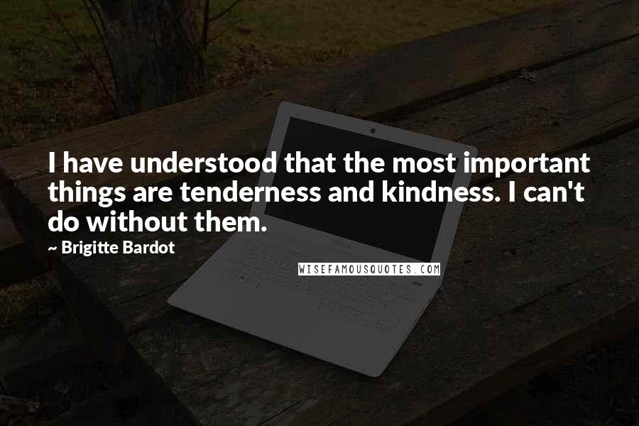 Brigitte Bardot quotes: I have understood that the most important things are tenderness and kindness. I can't do without them. Brigitte Bardot quotes: I have understood that the most important things are tenderness and kindness. I can't do without them.
