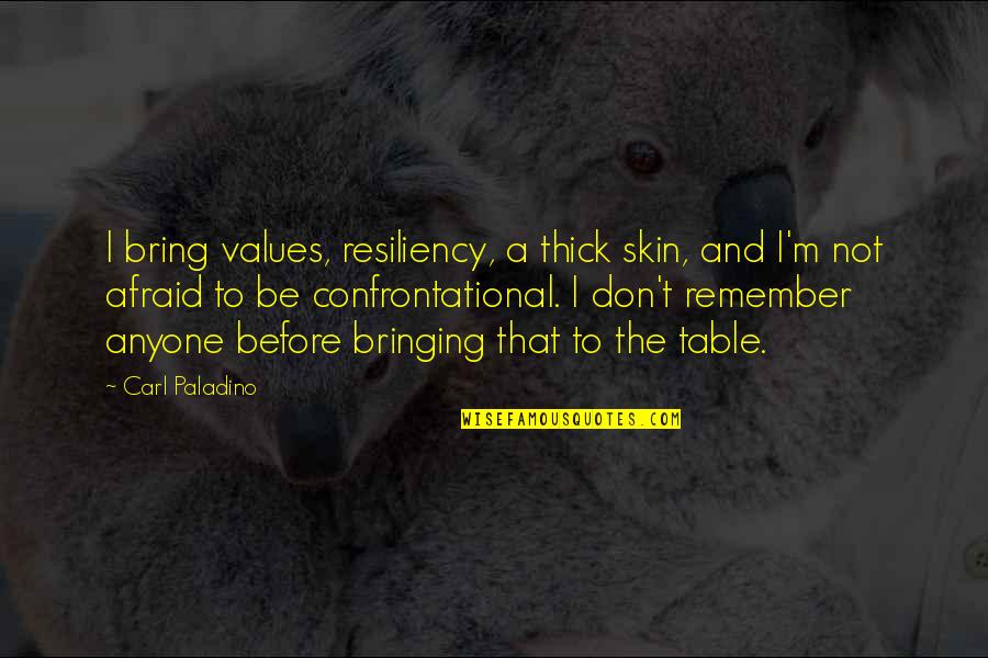 Bring To The Table Quotes By Carl Paladino: I bring values, resiliency, a thick skin, and Bring To The Table Quotes By Carl Paladino: I bring values, resiliency, a thick skin, and