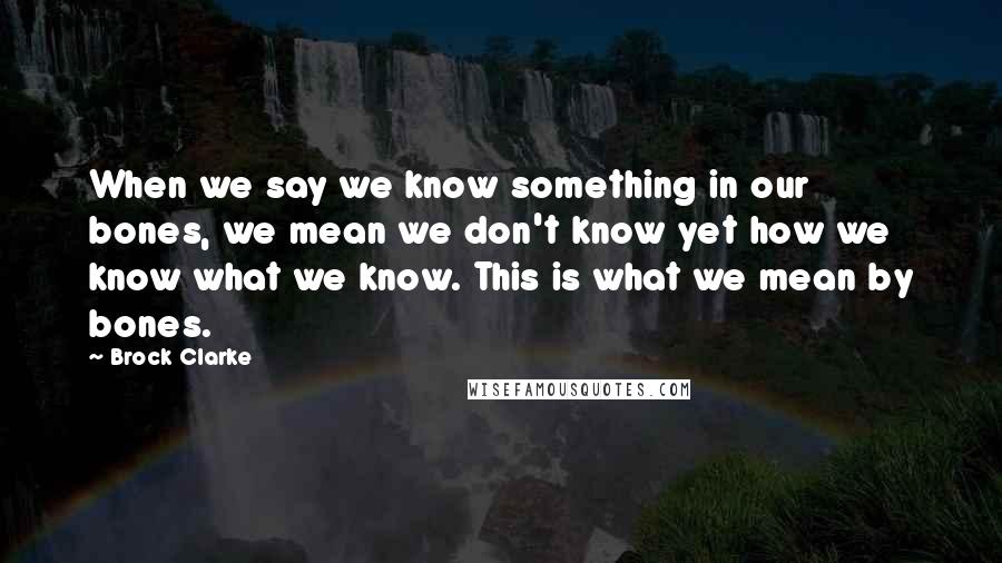 Brock Clarke quotes: When we say we know something in our bones, we mean we don't know yet how we know what we know. This is what we mean by bones. Brock Clarke quotes: When we say we know something in our bones, we mean we don't know yet how we know what we know. This is what we mean by bones.