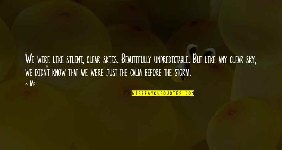 Broken Storm Quotes By Me: We were like silent, clear skies. Beautifully unpredictable.