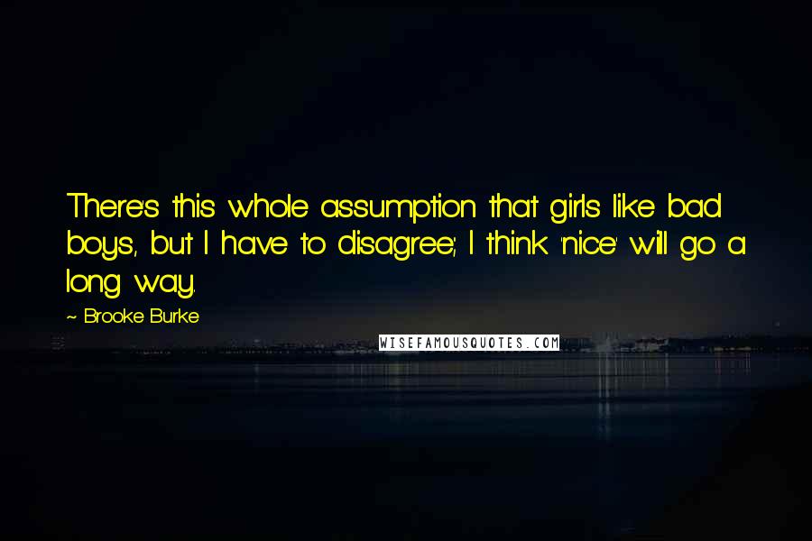 Brooke Burke quotes: There's this whole assumption that girls like bad boys, but I have to disagree; I think 'nice' will go a long way.