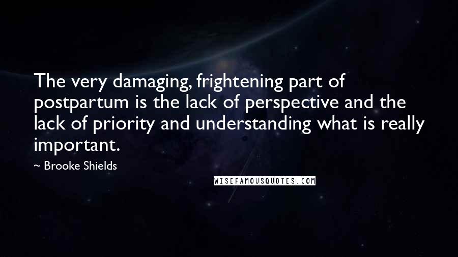 Brooke Shields quotes: The very damaging, frightening part of postpartum is the lack of perspective and the lack of priority and understanding what is really important.