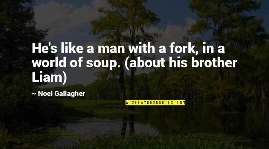Brother Funny Quotes By Noel Gallagher: He's like a man with a fork, in