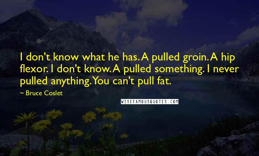 Bruce Coslet quotes: I don't know what he has. A pulled groin. A hip flexor. I don't know. A pulled something. I never pulled anything. You can't pull fat.