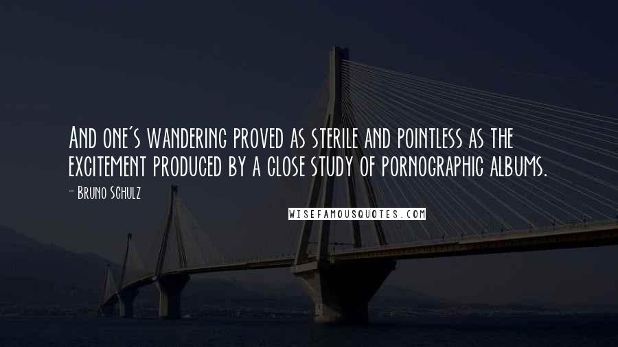 Bruno Schulz quotes: And one's wandering proved as sterile and pointless as the excitement produced by a close study of pornographic albums. Bruno Schulz quotes: And one's wandering proved as sterile and pointless as the excitement produced by a close study of pornographic albums.